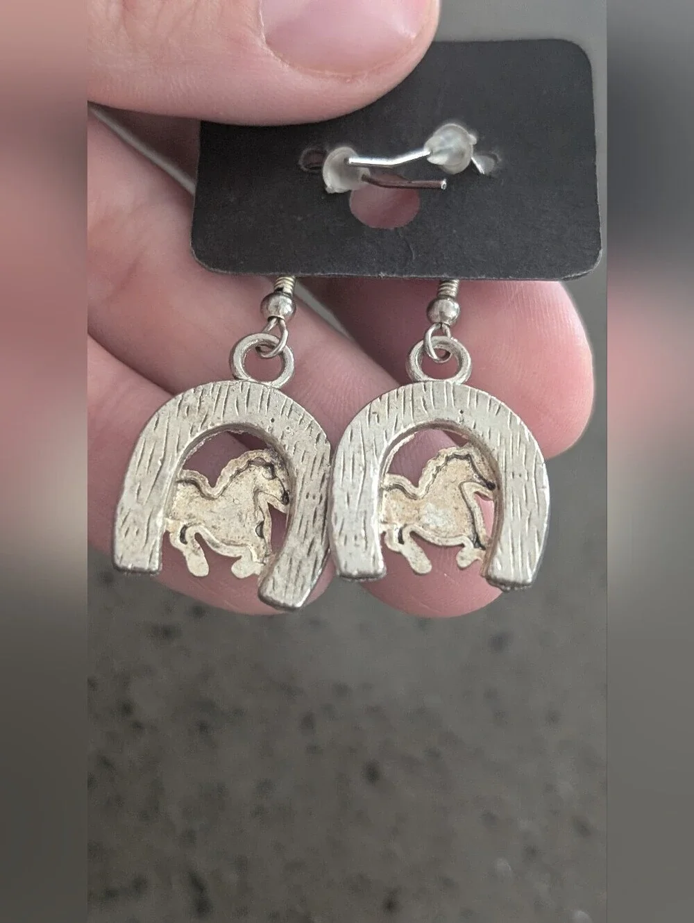 Fashion Jewelry Silver Horse & Horseshoe Dangle Earrings